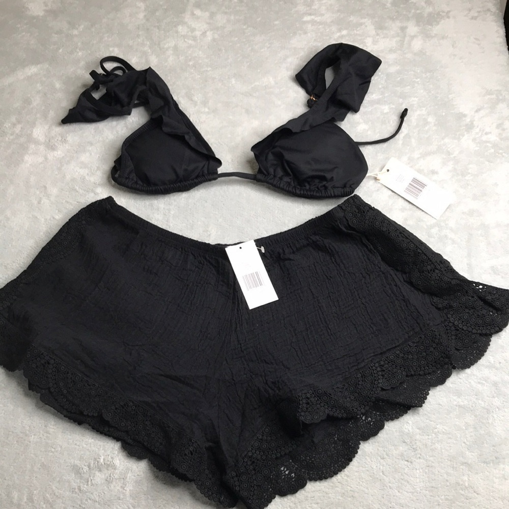 Eberjey Ruffed Bikini Top and Black Lace Cover Up Shorts  New with tags